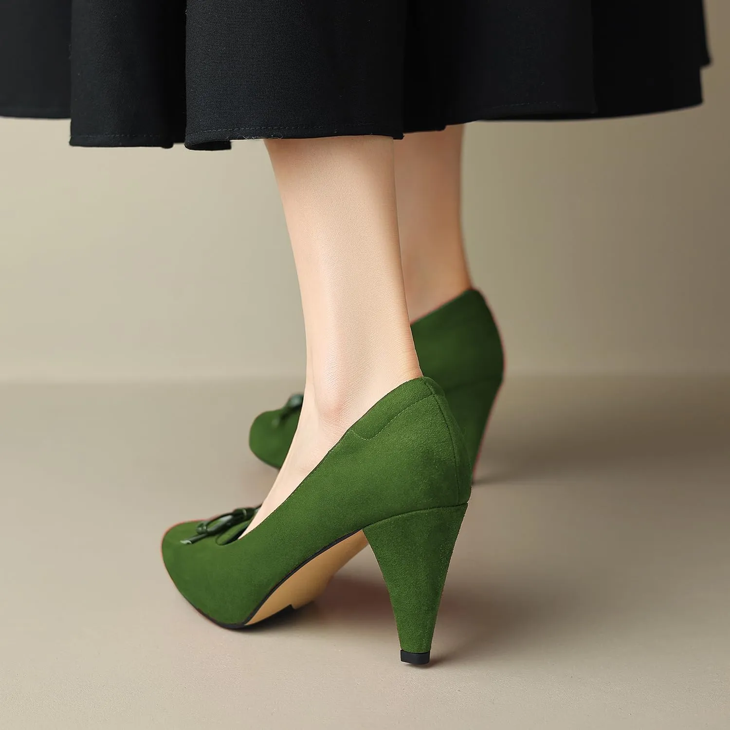 Women Round Toe Chunky Block Heel Pumps Bow Slip On Pump Shoes 3 inch Cone Heels Suede Closed Toe Bow Dress High Heels Loafers Sexy Elegant Retro Party Wedding Bridal Heels 4-11 M US
