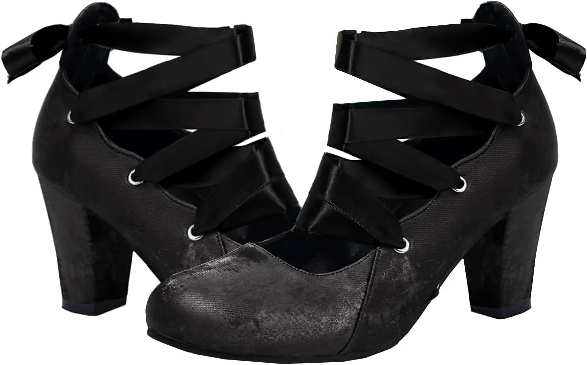Women Velvet Chunky High Heels Pumps Round Toe Ballet Pumps Bow Strappy 3 inch Block Heel Dress Shoes Elegant Lace Up Dress Shoes Cross Strap Party Evening Heels 4-11 M US