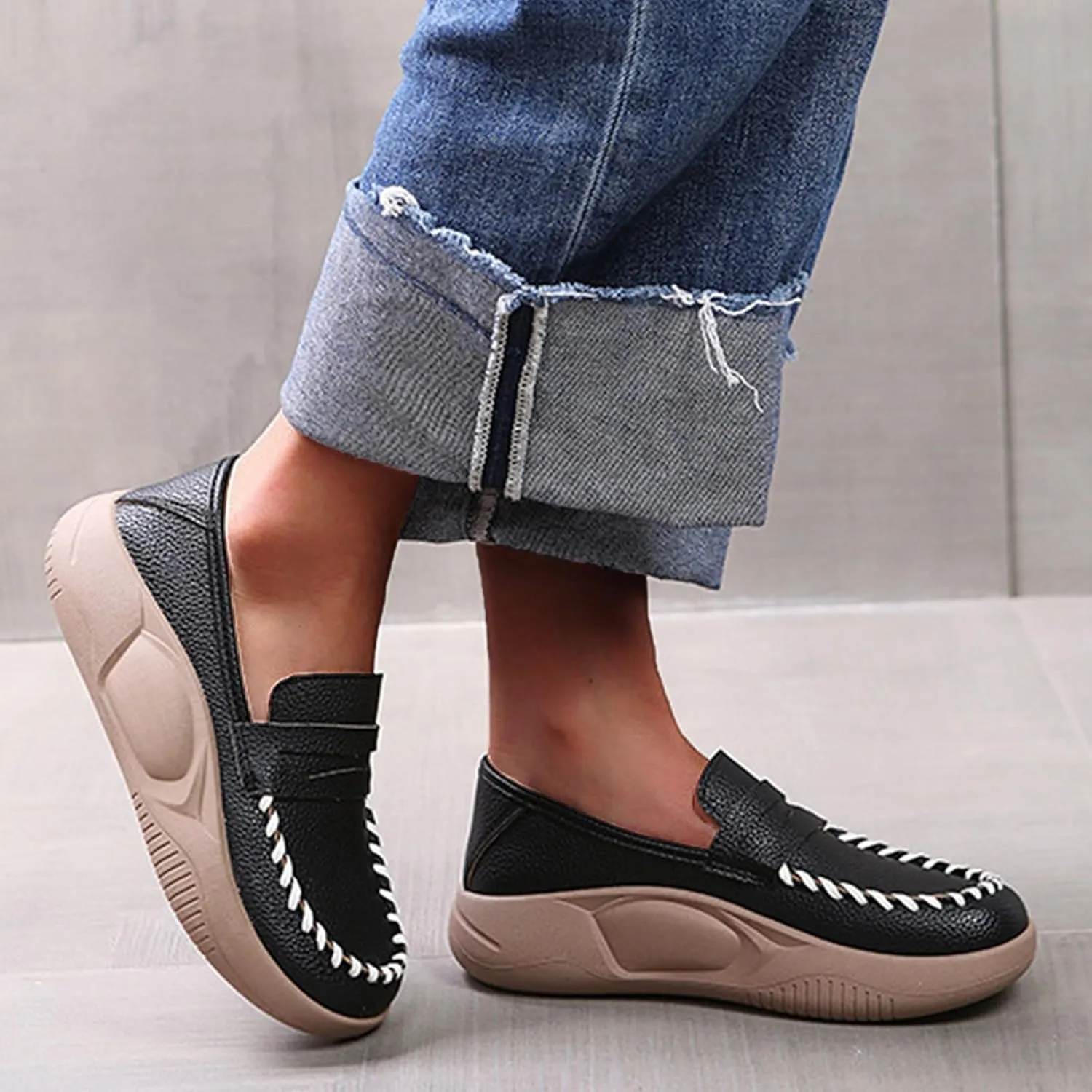 Women's Air-Cushion Orthopedic Shoes Comfort Round Toe Lightweight Soft Sole Walking Flats Casual Slip On Increase Height Platform Nurse Shoe with Arch Support