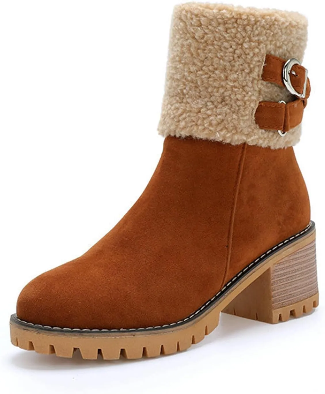 Women's Coarse Heel Mid Calf Boots Fleece Lined Warm Winter Boots Fashionable Versatile Suede Boots Low Rain Boots Wide