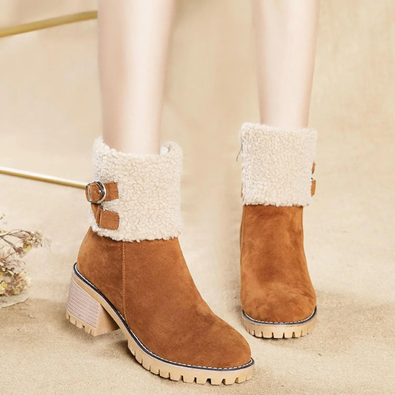 Women's Coarse Heel Mid Calf Boots Fleece Lined Warm Winter Boots Fashionable Versatile Suede Boots Low Rain Boots Wide