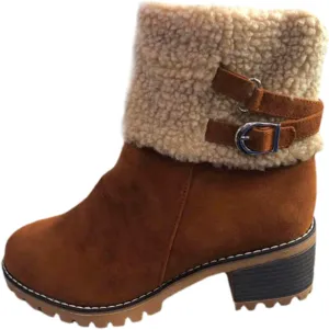 Women's Coarse Heel Mid Calf Boots Fleece Lined Warm Winter Boots Fashionable Versatile Suede Boots Low Rain Boots Wide