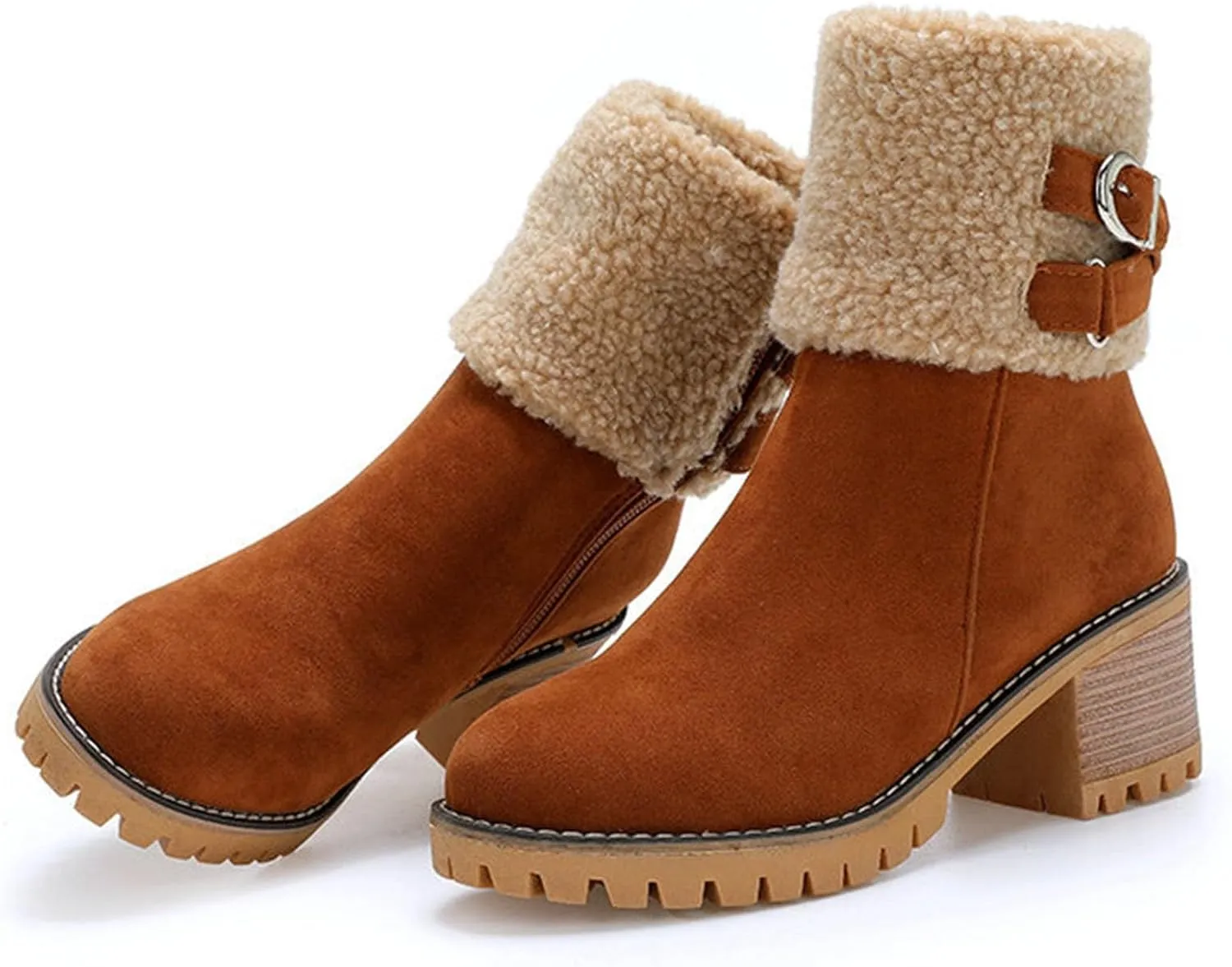 Women's Coarse Heel Mid Calf Boots Fleece Lined Warm Winter Boots Fashionable Versatile Suede Boots Low Rain Boots Wide