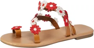 Womens Ethnic Style Beach Sandals Summer Dressy Boho Vacation Flats Trendy Flower Decor Clip Toe Sandal Flip Flops