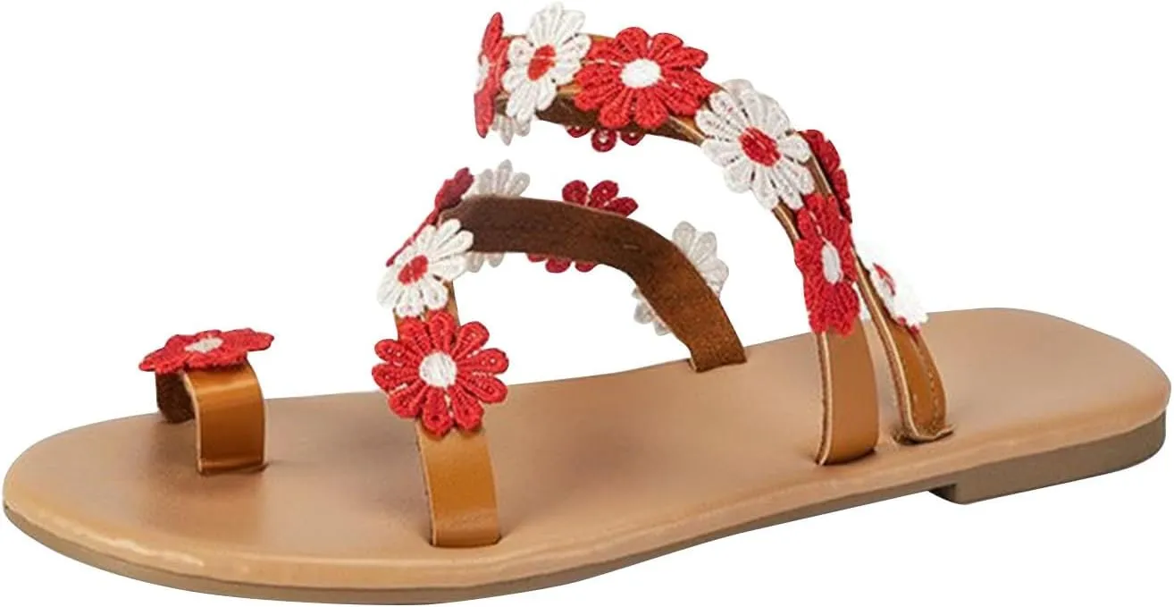 Womens Ethnic Style Beach Sandals Summer Dressy Boho Vacation Flats Trendy Flower Decor Clip Toe Sandal Flip Flops