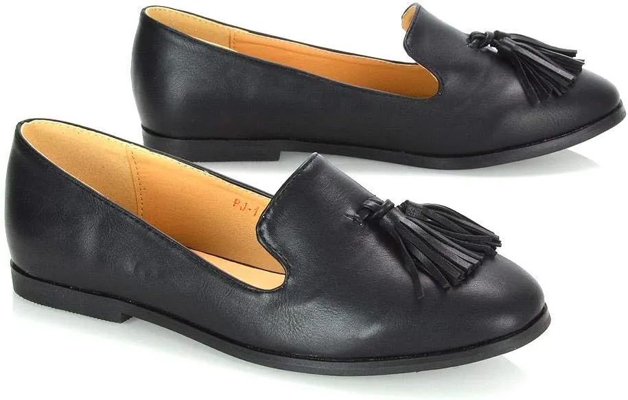 Womens Flat Penny Loafers Ladies Slip On Tassel Detail Smart Formal Mocassins Shoes