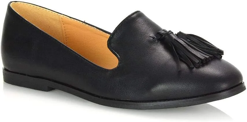 Womens Flat Penny Loafers Ladies Slip On Tassel Detail Smart Formal Mocassins Shoes
