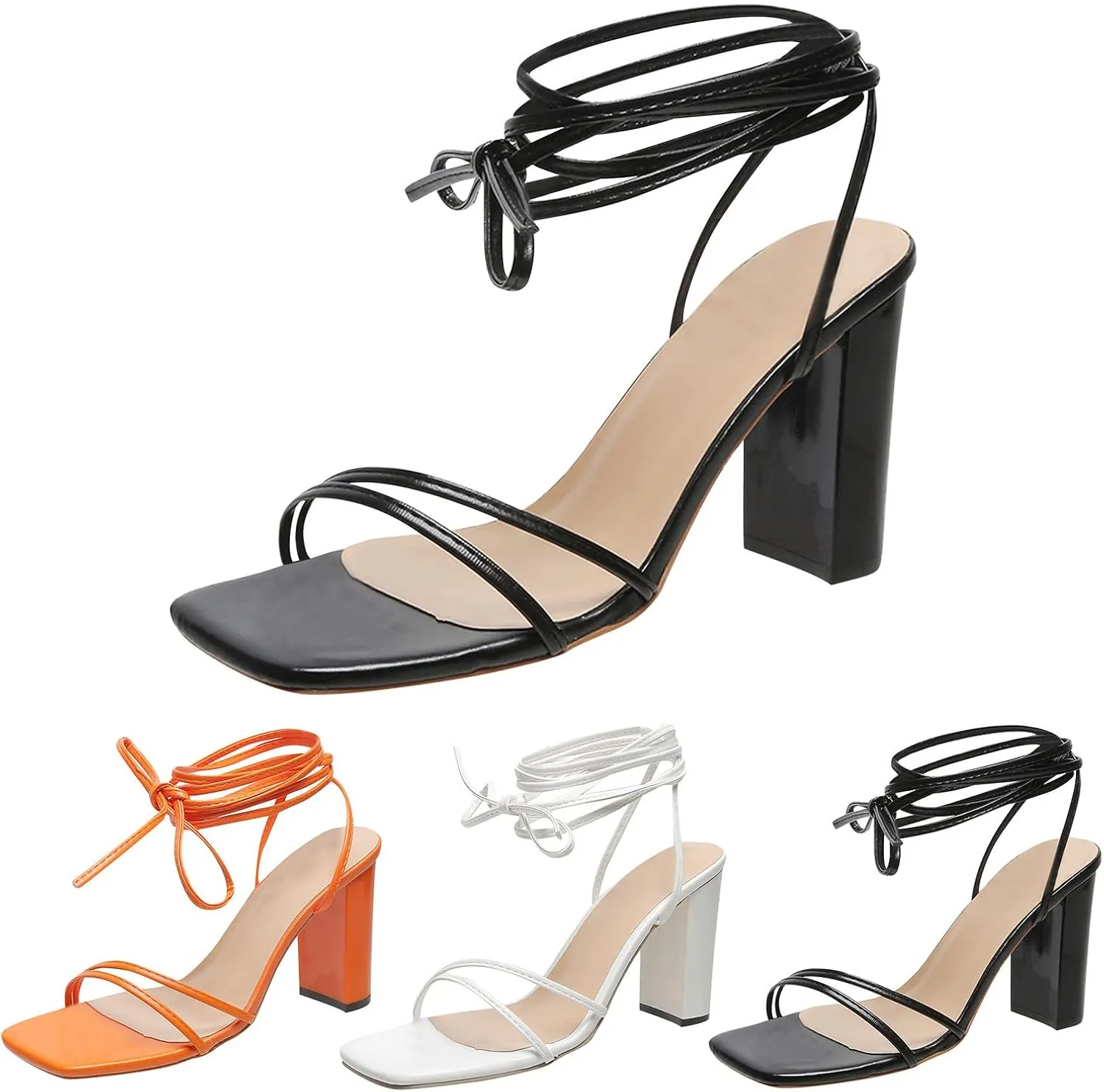 Women's Heels Chunky Block Strappy Square Open Toe Sandals Ankle Buckle Heeled Sandals Wedding Party Dress Shoes