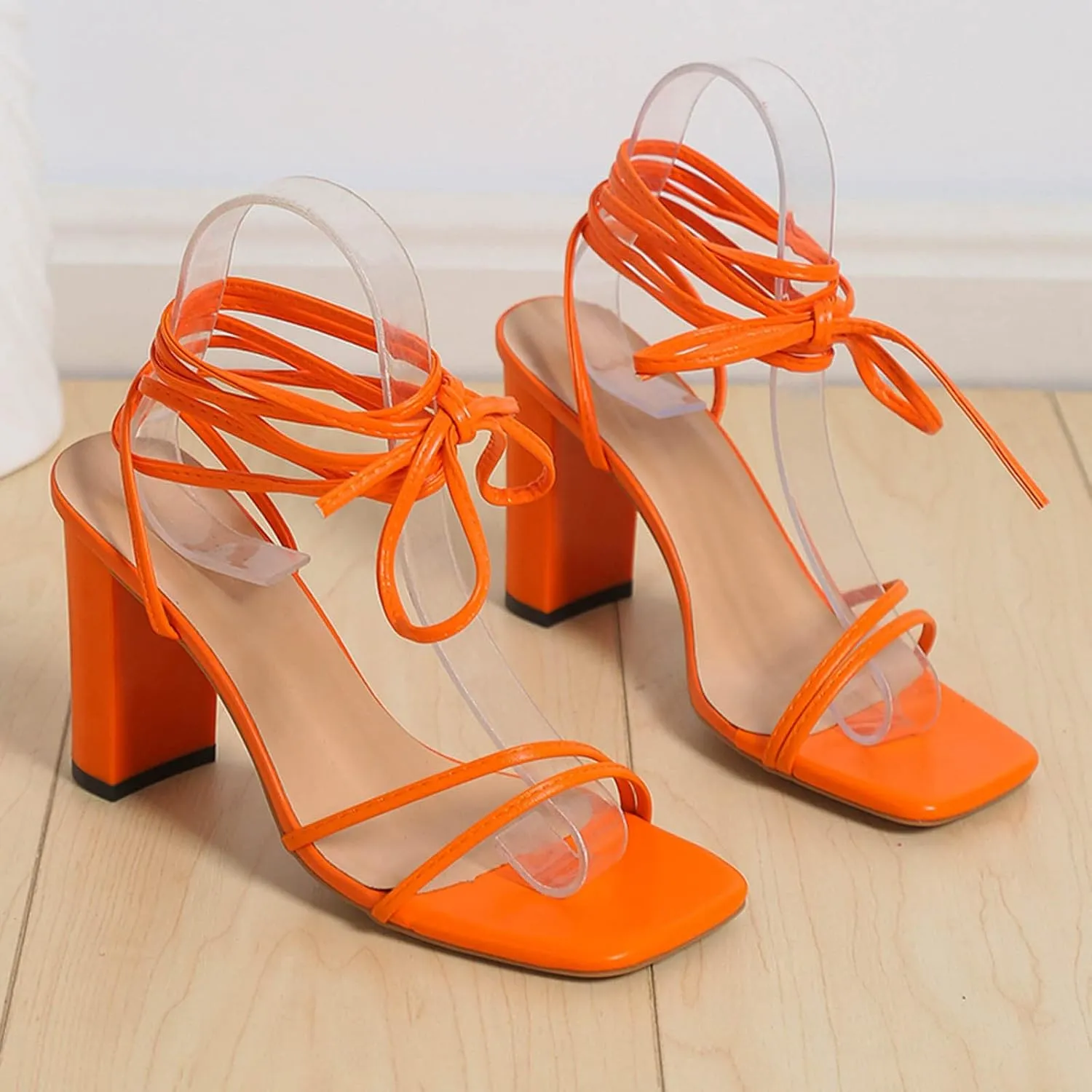Women's Heels Chunky Block Strappy Square Open Toe Sandals Ankle Buckle Heeled Sandals Wedding Party Dress Shoes