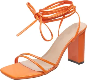 Women's Heels Chunky Block Strappy Square Open Toe Sandals Ankle Buckle Heeled Sandals Wedding Party Dress Shoes