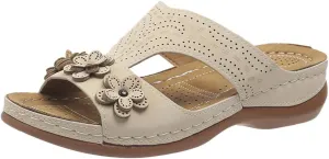 Womens Leather Low Wedge Sandals Comfortable Walking Casual Slip on Summer Sandals Rubber Sole Slippers Summer Beach Vacation Shoes