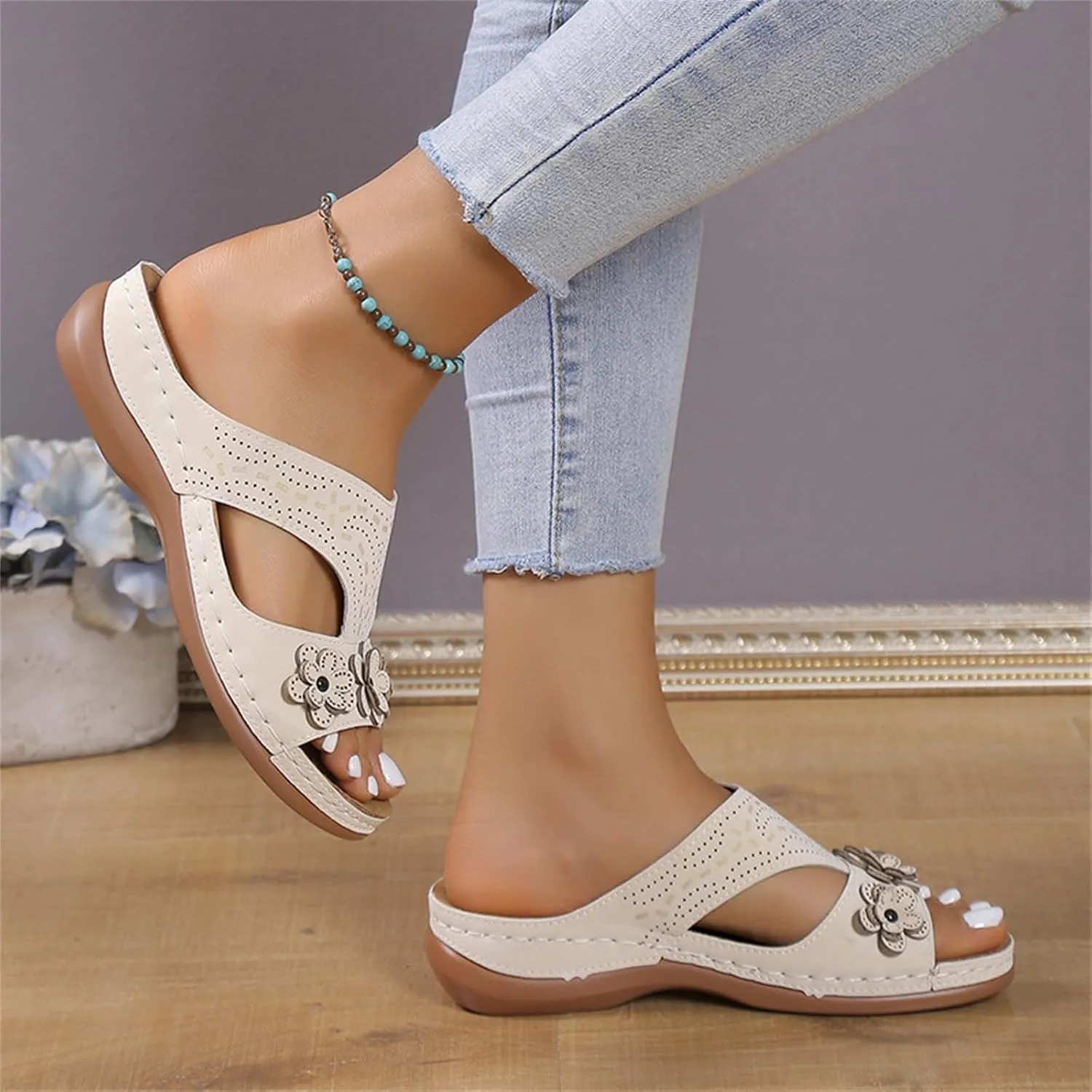 Womens Leather Low Wedge Sandals Comfortable Walking Casual Slip on Summer Sandals Rubber Sole Slippers Summer Beach Vacation Shoes