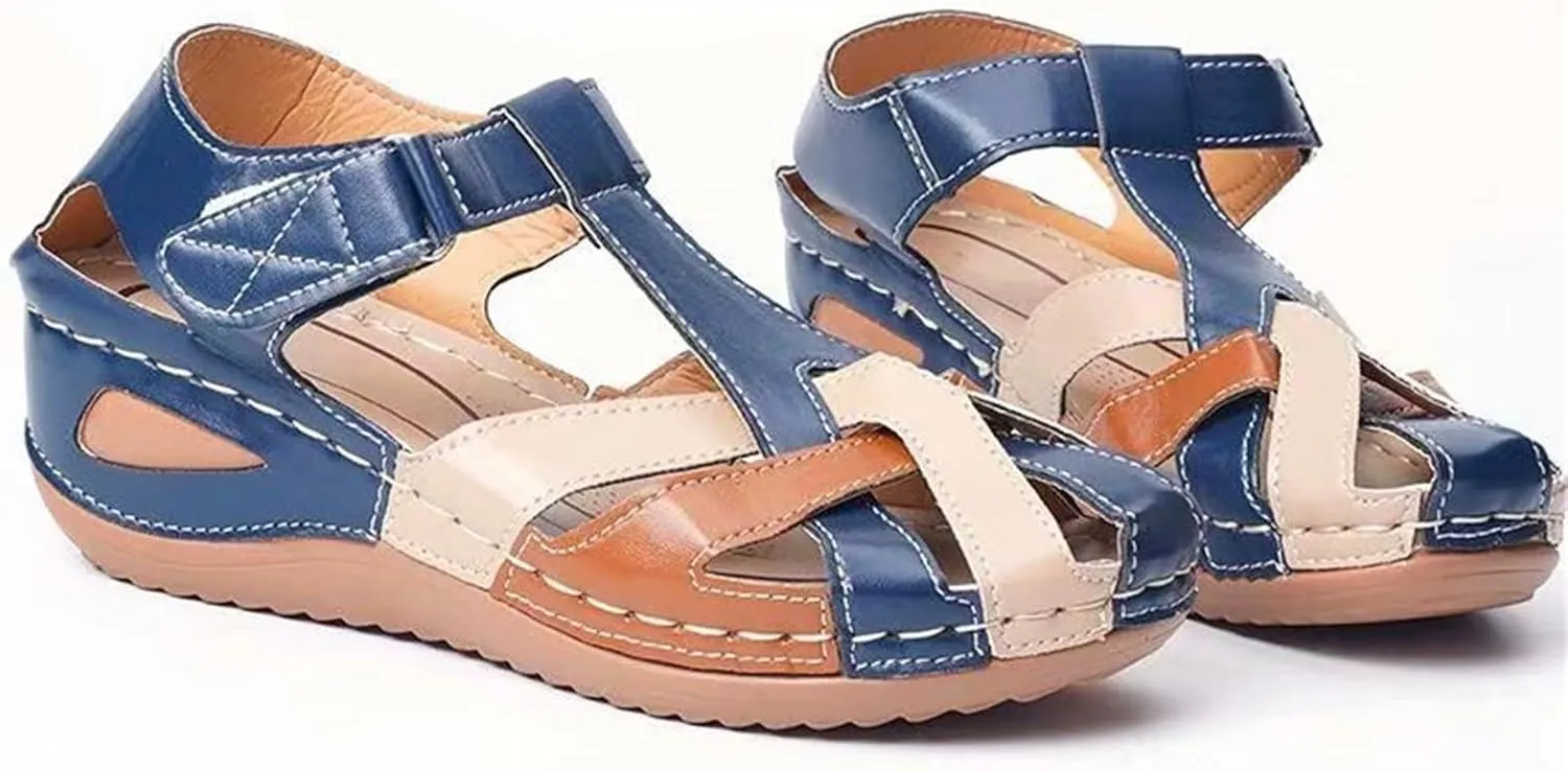 Womens Leather Sandals Bohemia Vintage Closed Toe Wedge Shoes Hollow Out Cross Orthopedic Sandals Breathable Outdoor Shoes