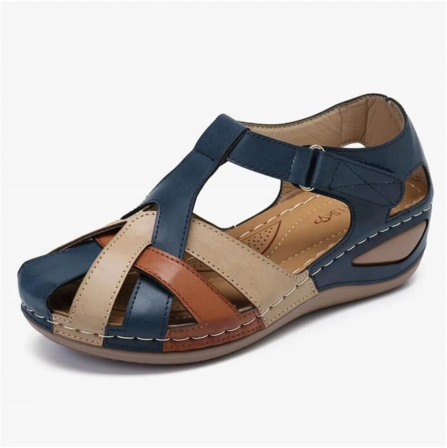 Womens Leather Sandals Bohemia Vintage Closed Toe Wedge Shoes Hollow Out Cross Orthopedic Sandals Breathable Outdoor Shoes