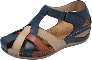 Womens Leather Sandals Bohemia Vintage Closed Toe Wedge Shoes Hollow Out Cross Orthopedic Sandals Breathable Outdoor Shoes