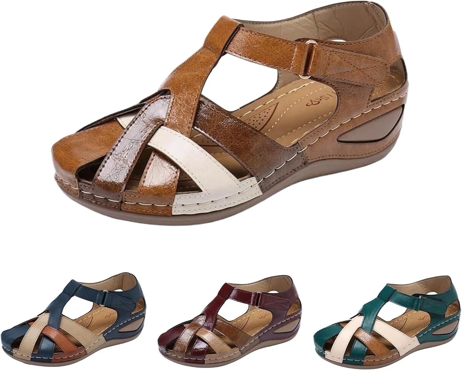 Womens Leather Sandals Bohemia Vintage Closed Toe Wedge Shoes Hollow Out Cross Orthopedic Sandals Breathable Outdoor Shoes