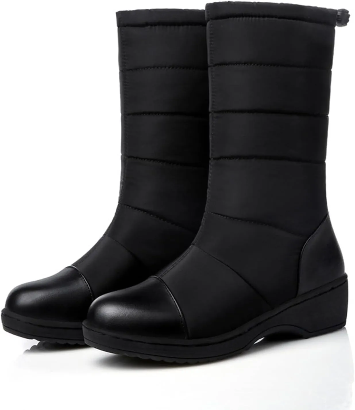 Women's Mid Calf Boots Fleece Lined Warm Snow Boots Solid Insulated Snow Boots Outdoor Leather Winter Boots