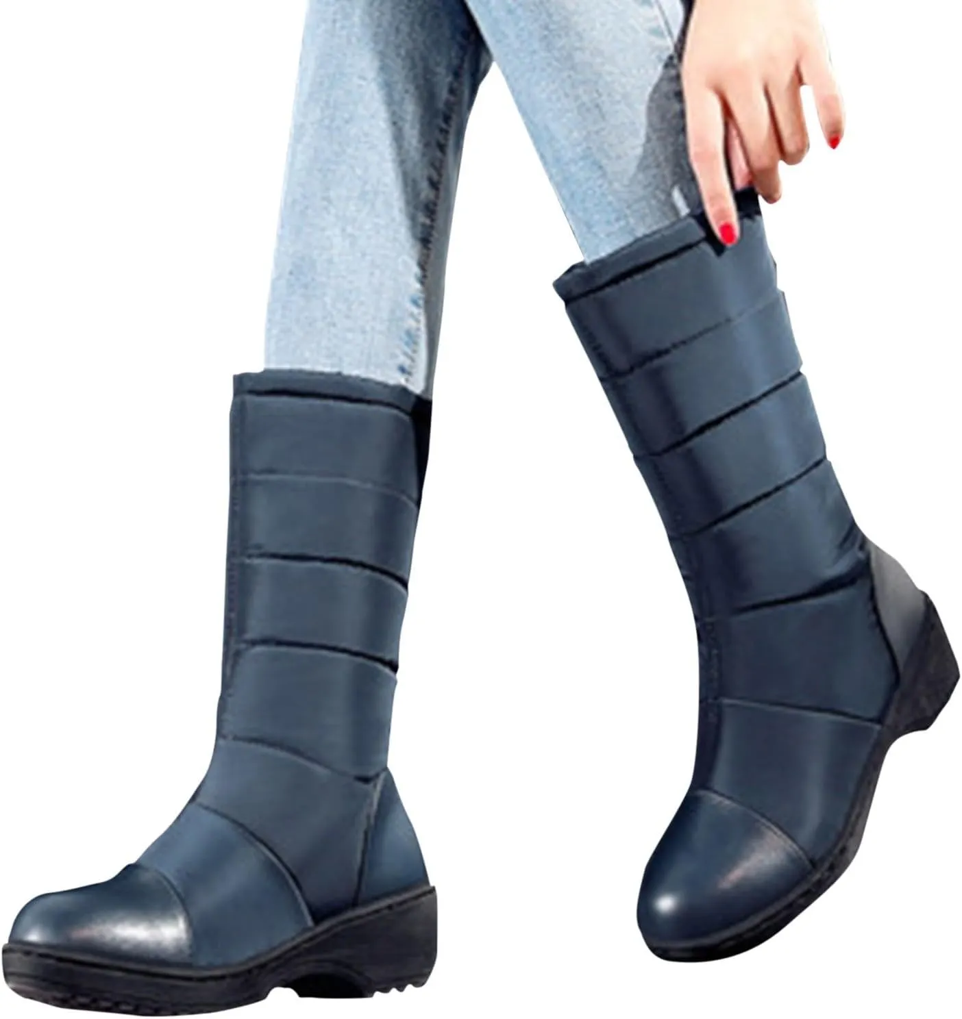 Women's Mid Calf Boots Fleece Lined Warm Snow Boots Solid Insulated Snow Boots Outdoor Leather Winter Boots