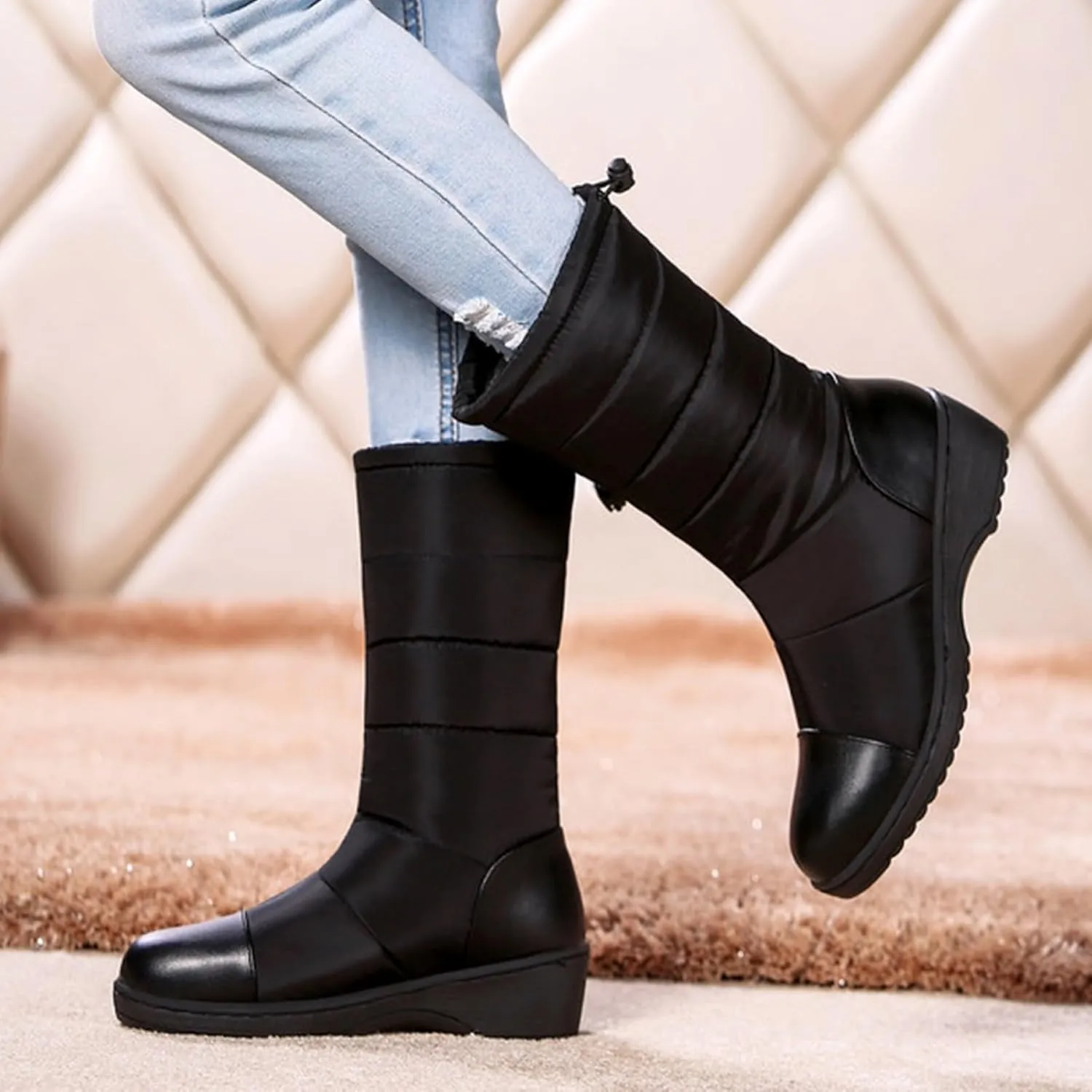 Women's Mid Calf Boots Fleece Lined Warm Snow Boots Solid Insulated Snow Boots Outdoor Leather Winter Boots