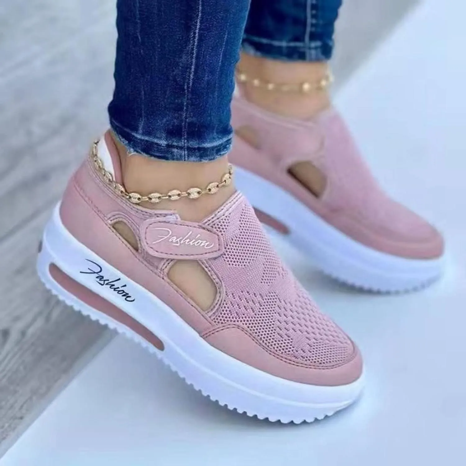 Women's Orthopedic Shoes Casual Breathable Mesh Round Toe Sneakers Summer Comfortable Thick Heel Buckle Hook Loop Sport Shoes Lightweight Slip On Loafers