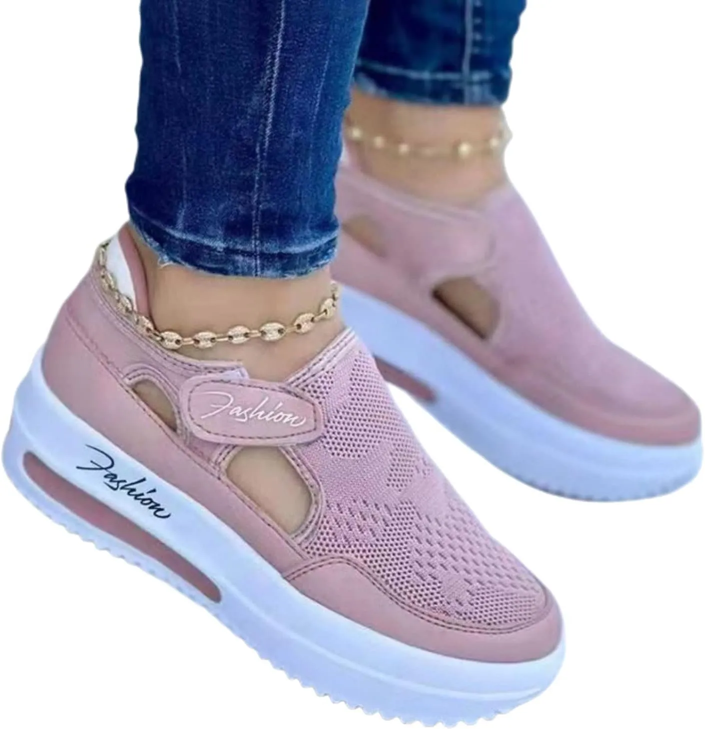 Women's Orthopedic Shoes Casual Breathable Mesh Round Toe Sneakers Summer Comfortable Thick Heel Buckle Hook Loop Sport Shoes Lightweight Slip On Loafers