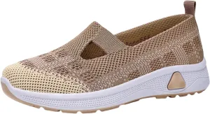 Women's Orthopedic Walking Shoes Lightweight Breathable Knitted Hollow Out Soft Sole Sneakers Summer Comfortable Slip On Round Toe Ballet Flats with Arch Support