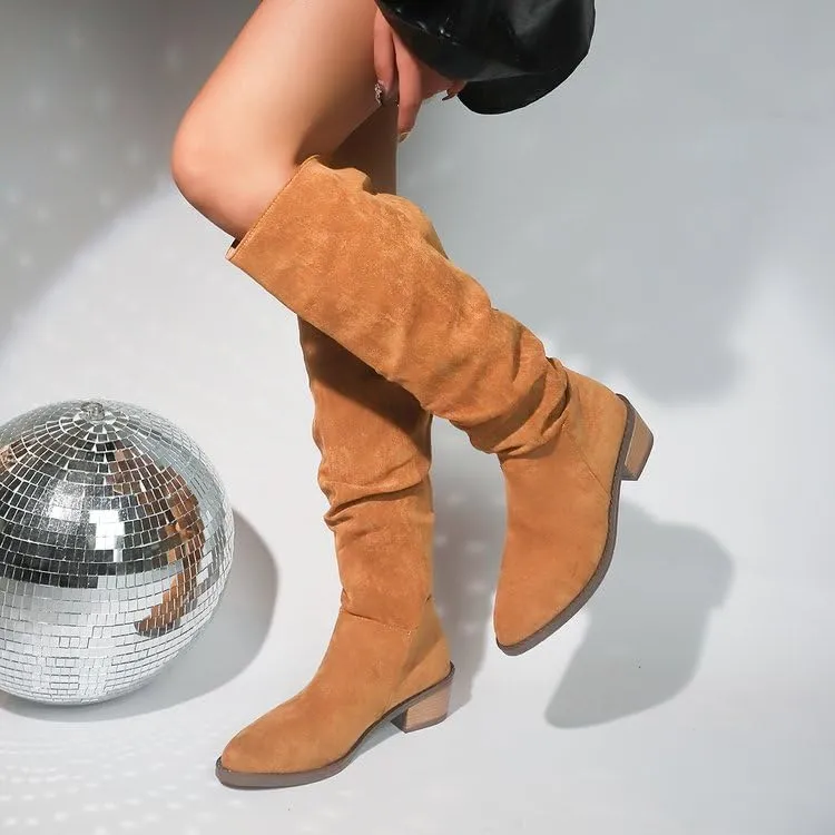 Women's Over The Knee Boots,Wide Calf Wide Width Western Low Heel Booties-Women Casual Chunky Heel Slip On Knee High Boots