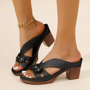 Women's Platform Chunky Heels Low Block Heeled Sandals Open Toe Slides Fashion Wedding Party Dress Sandals Casual Summer Mules Slip-on Shoes (a-Black, 7.5)