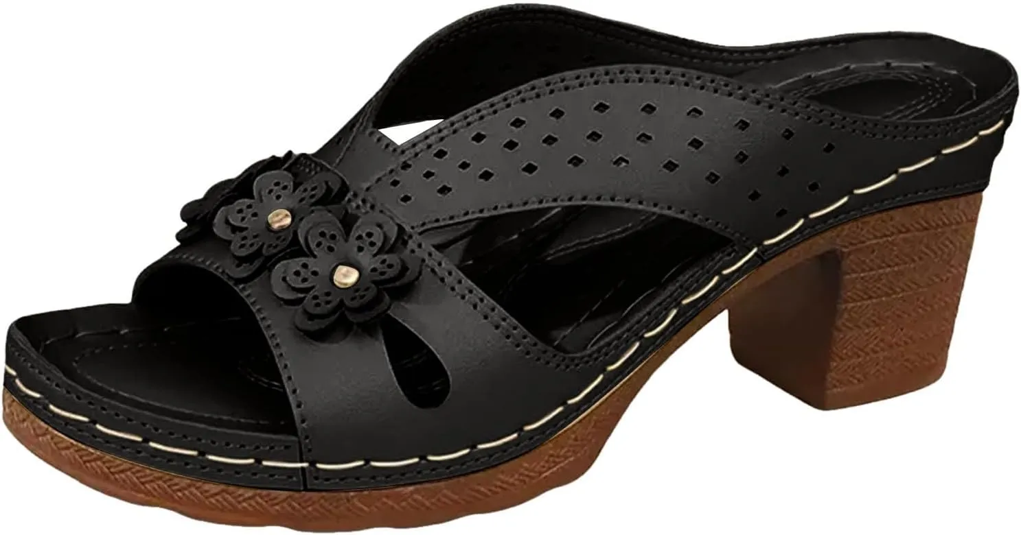 Women's Platform Chunky Heels Low Block Heeled Sandals Open Toe Slides Fashion Wedding Party Dress Sandals Casual Summer Mules Slip-on Shoes (a-Black, 7.5)
