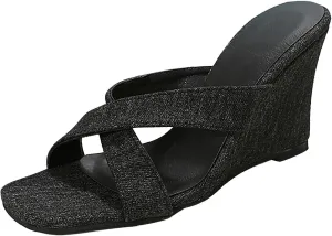 Womens Platform Wedge Sandals Comfortable Flip Flops with Arch Support Open Toe Slip On Summer Mule High Heels Bohemian Cozy Breathable 2023 New lightweight canvas waterproof loafers D23-Black