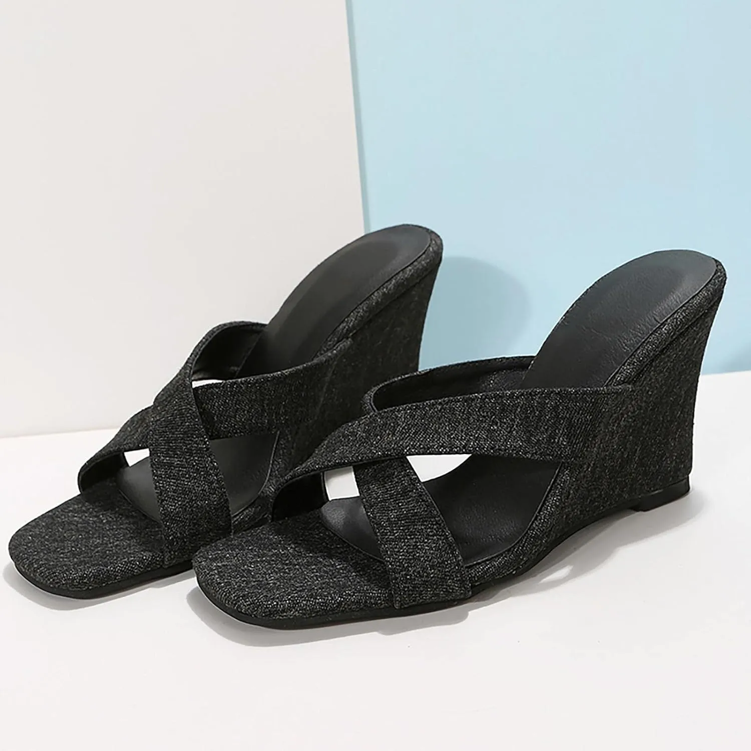 Womens Platform Wedge Sandals Comfortable Flip Flops with Arch Support Open Toe Slip On Summer Mule High Heels Bohemian Cozy Breathable 2023 New lightweight canvas waterproof loafers D23-Black