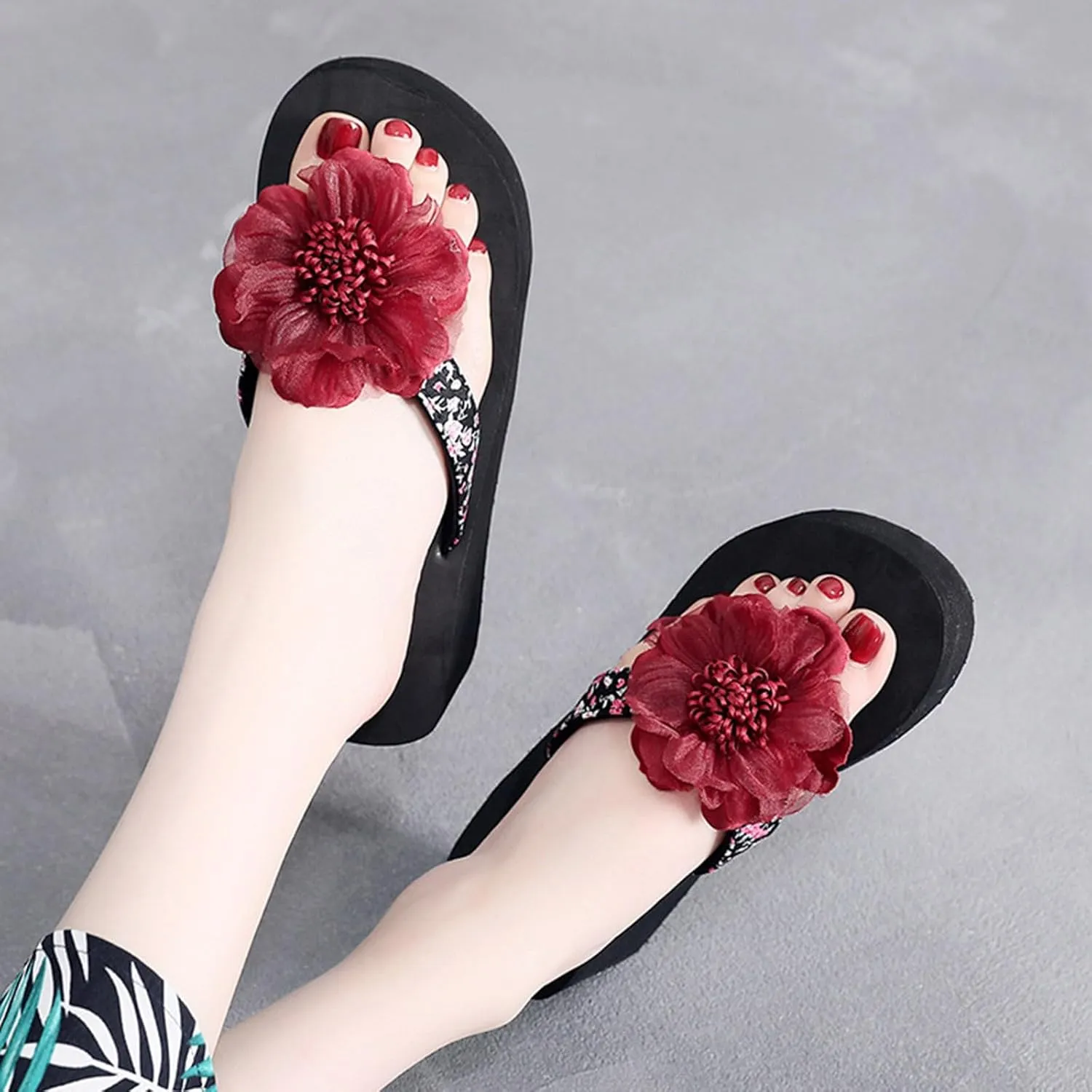 Women's Sandals Women Shoes Wedge Flip Flops Flower Flip Flops Women's Wedge Outer Wear Thick Sole Beach Slip on