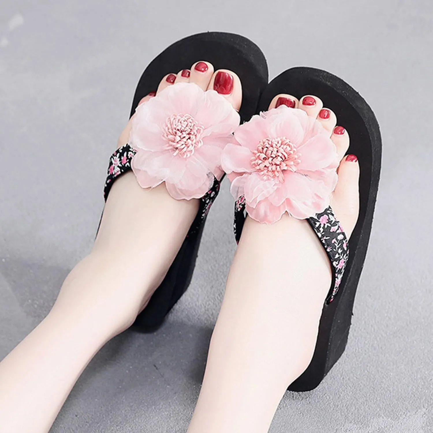 Women's Sandals Women Shoes Wedge Flip Flops Flower Flip Flops Women's Wedge Outer Wear Thick Sole Beach Slip on