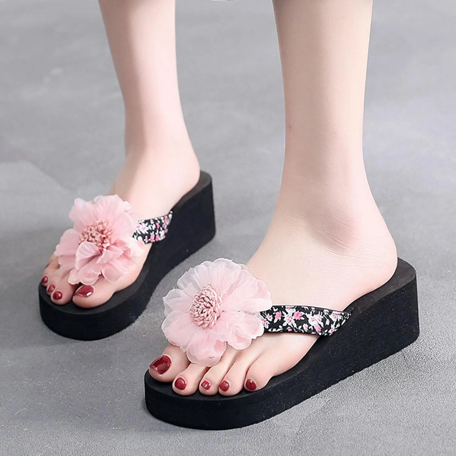 Women's Sandals Women Shoes Wedge Flip Flops Flower Flip Flops Women's Wedge Outer Wear Thick Sole Beach Slip on