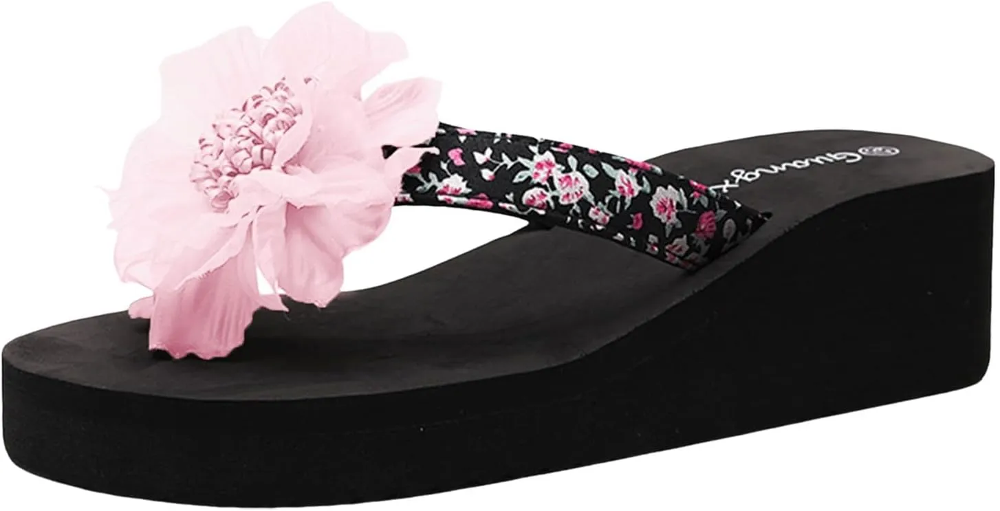 Women's Sandals Women Shoes Wedge Flip Flops Flower Flip Flops Women's Wedge Outer Wear Thick Sole Beach Slip on
