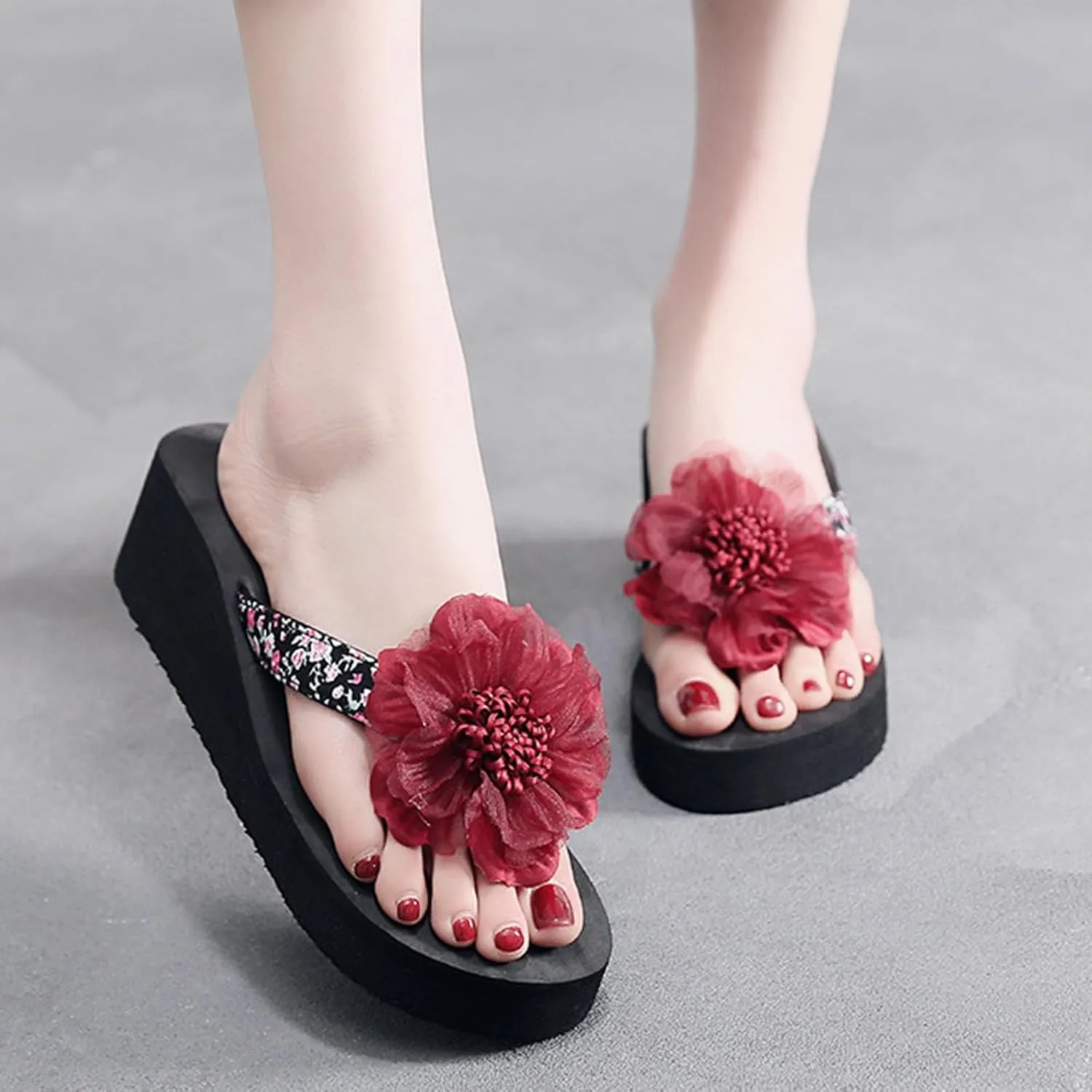 Women's Sandals Women Shoes Wedge Flip Flops Flower Flip Flops Women's Wedge Outer Wear Thick Sole Beach Slip on