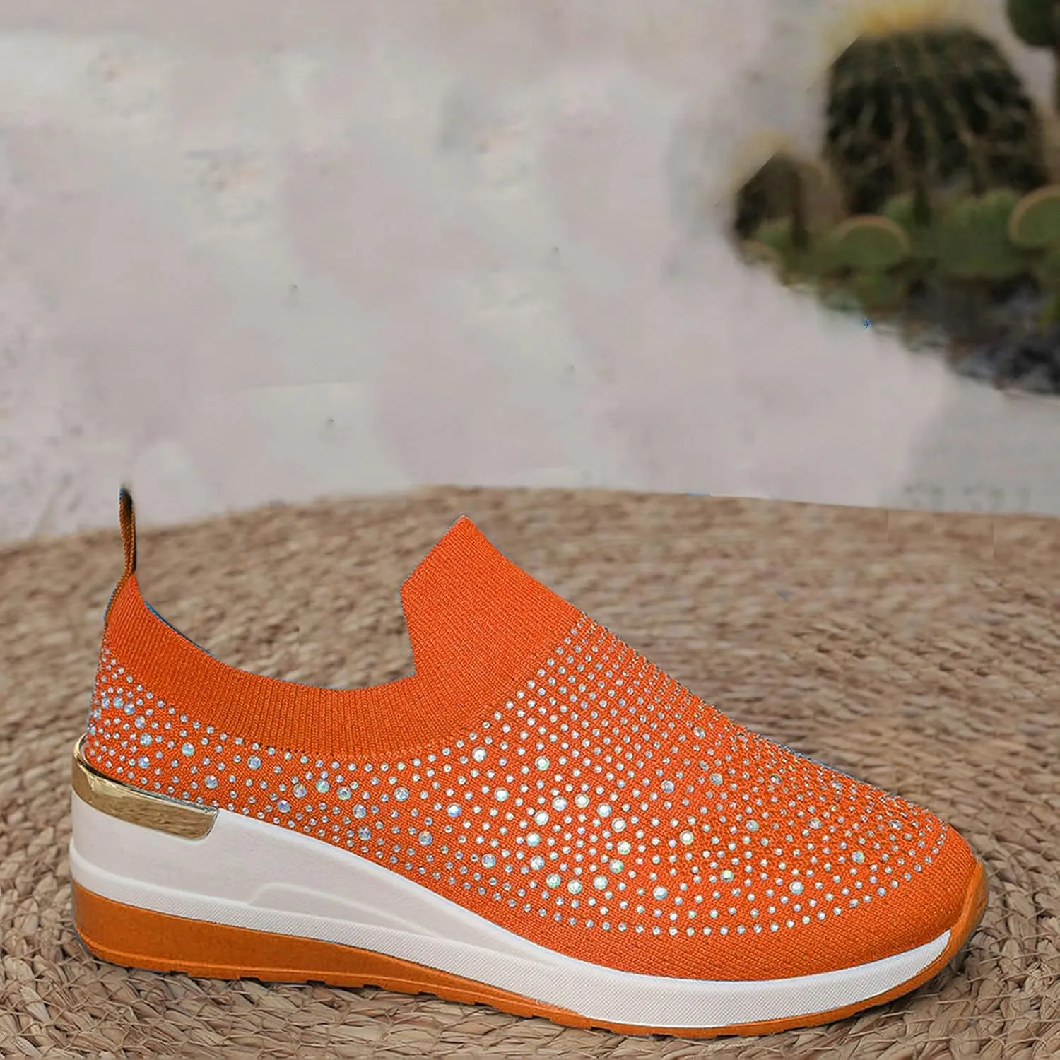 Women's Slip on Loafer Shoes Rhinestone Mesh Casual Flat Nurse Walking Sneaker Knit Comfort Classic Low Wedge Shoes