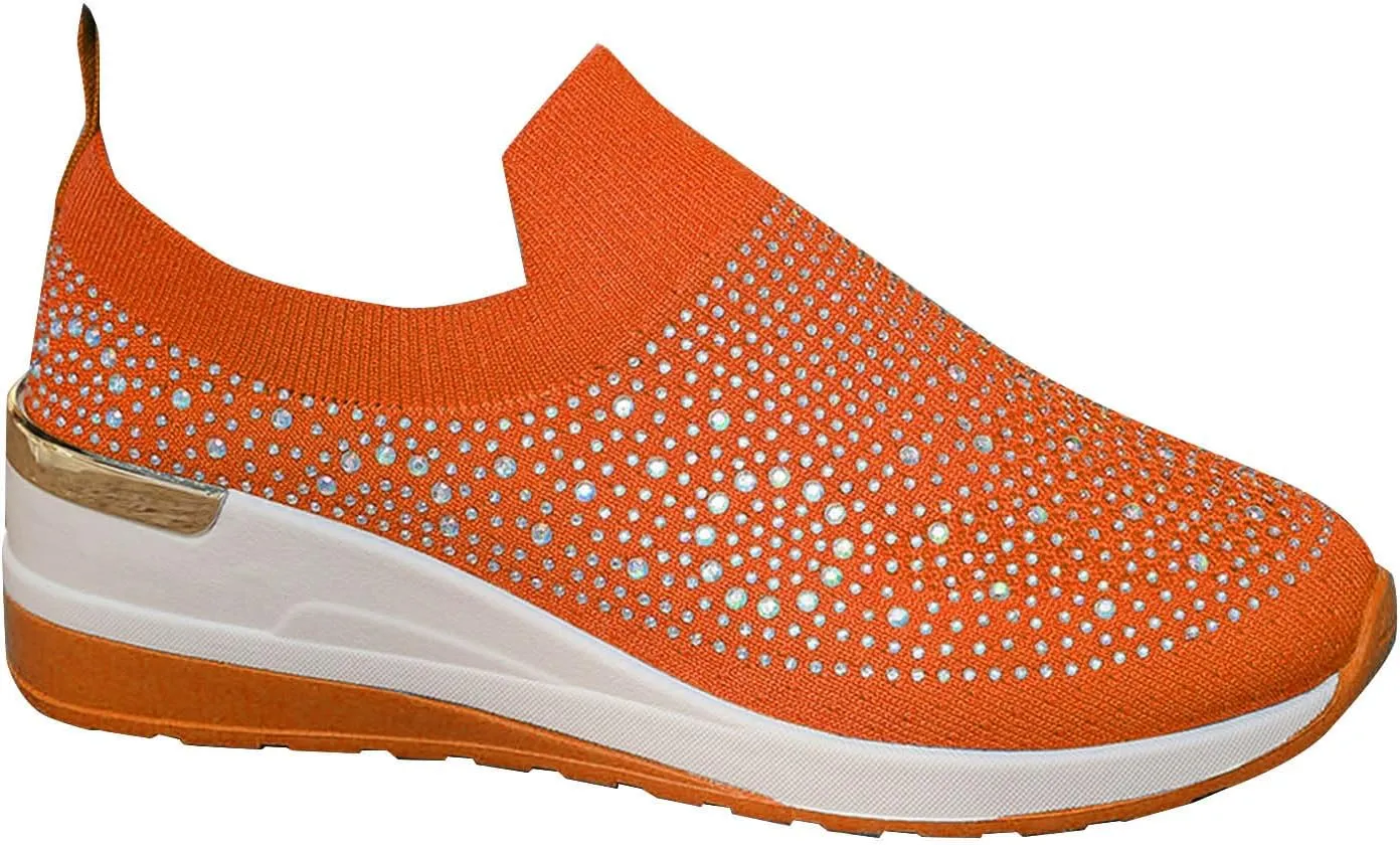Women's Slip on Loafer Shoes Rhinestone Mesh Casual Flat Nurse Walking Sneaker Knit Comfort Classic Low Wedge Shoes