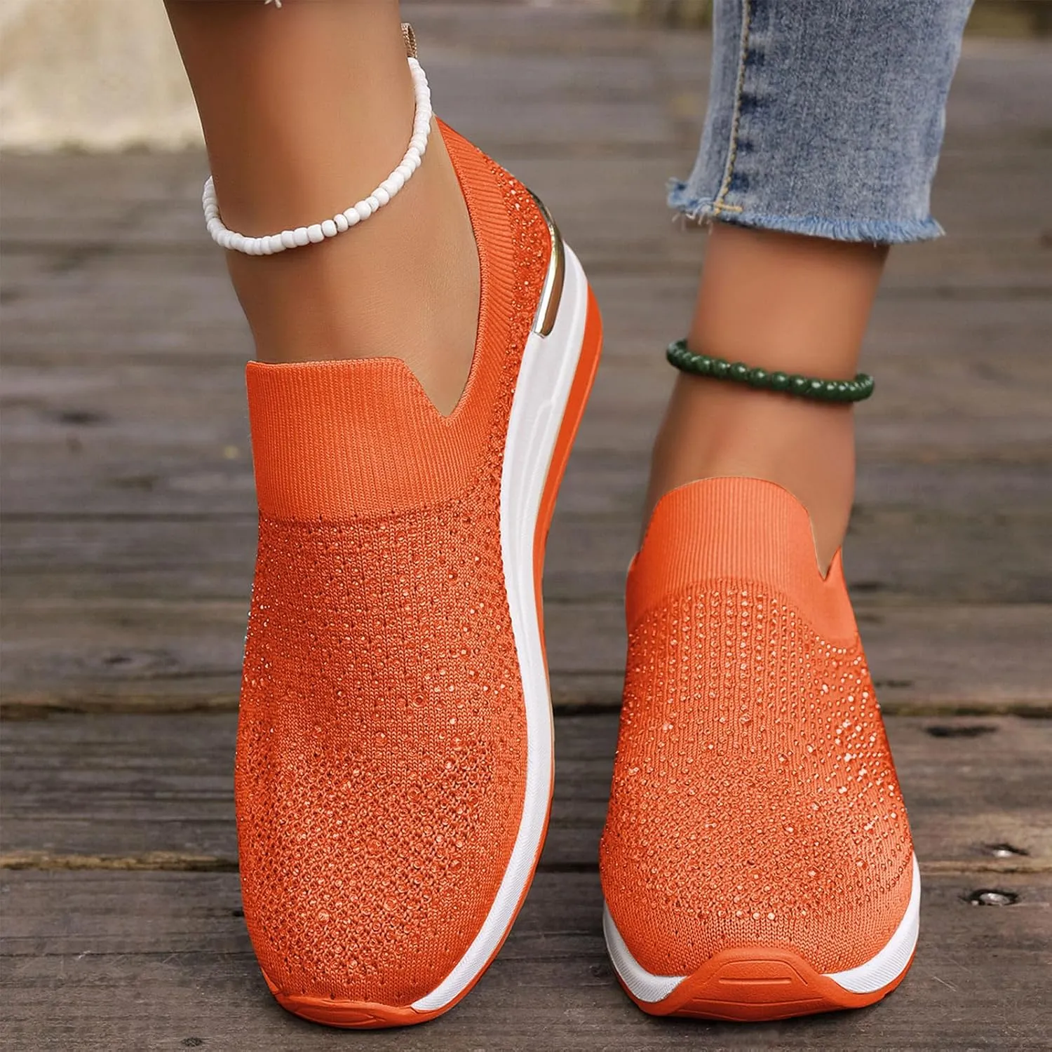 Women's Slip on Loafer Shoes Rhinestone Mesh Casual Flat Nurse Walking Sneaker Knit Comfort Classic Low Wedge Shoes