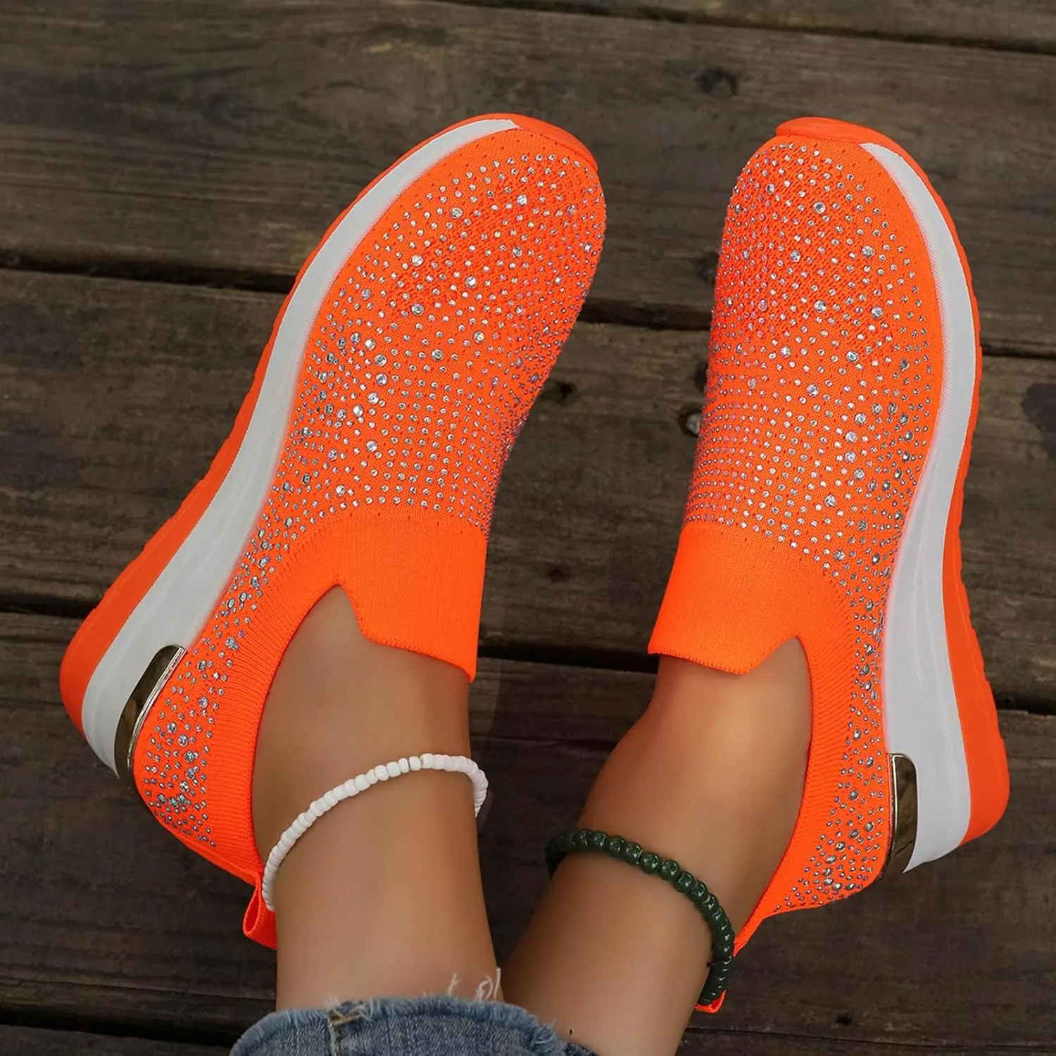 Women's Slip on Loafer Shoes Rhinestone Mesh Casual Flat Nurse Walking Sneaker Knit Comfort Classic Low Wedge Shoes