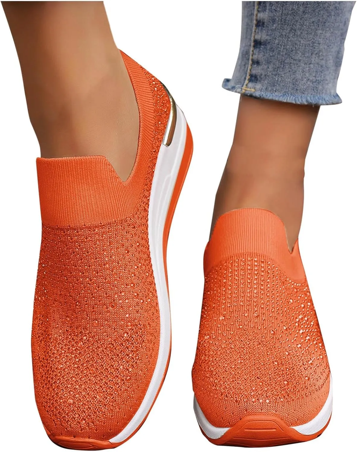 Women's Slip on Loafer Shoes Rhinestone Mesh Casual Flat Nurse Walking Sneaker Knit Comfort Classic Low Wedge Shoes
