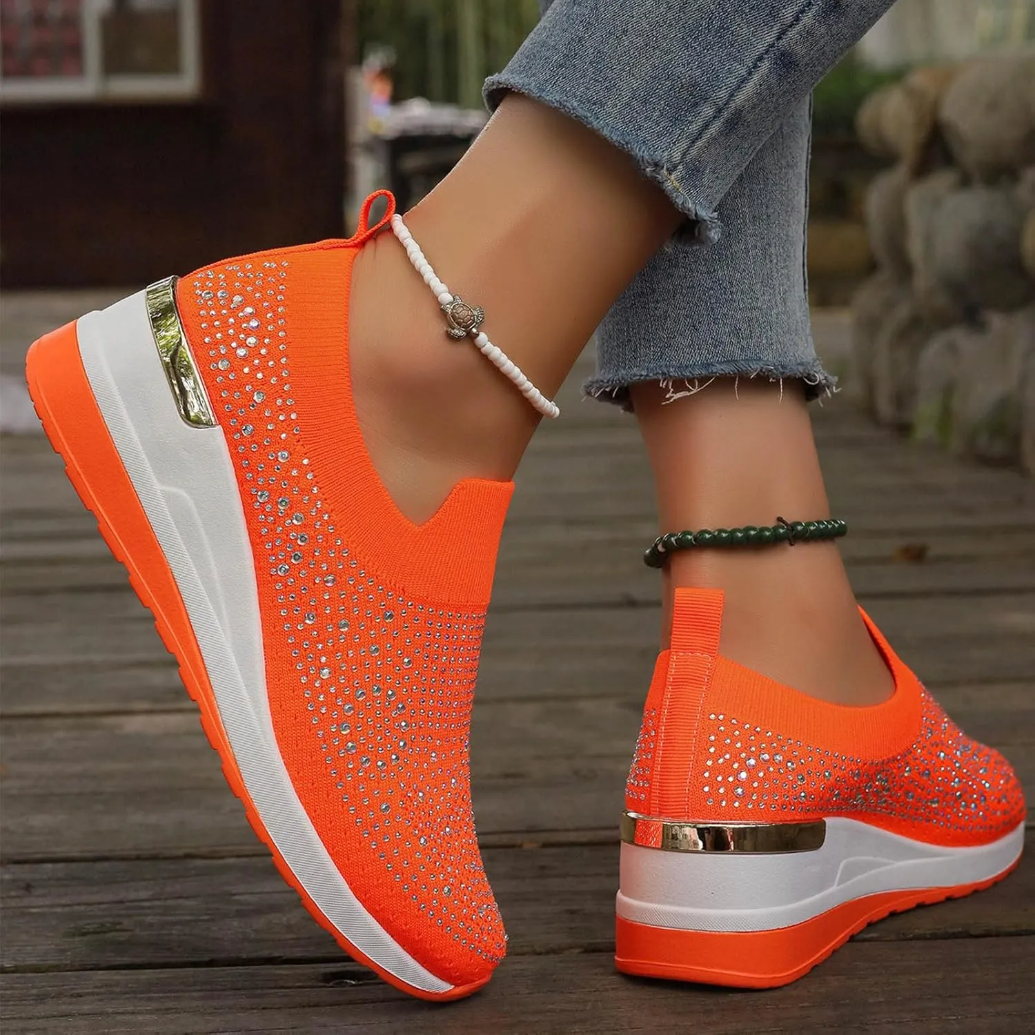 Women's Slip on Loafer Shoes Rhinestone Mesh Casual Flat Nurse Walking Sneaker Knit Comfort Classic Low Wedge Shoes