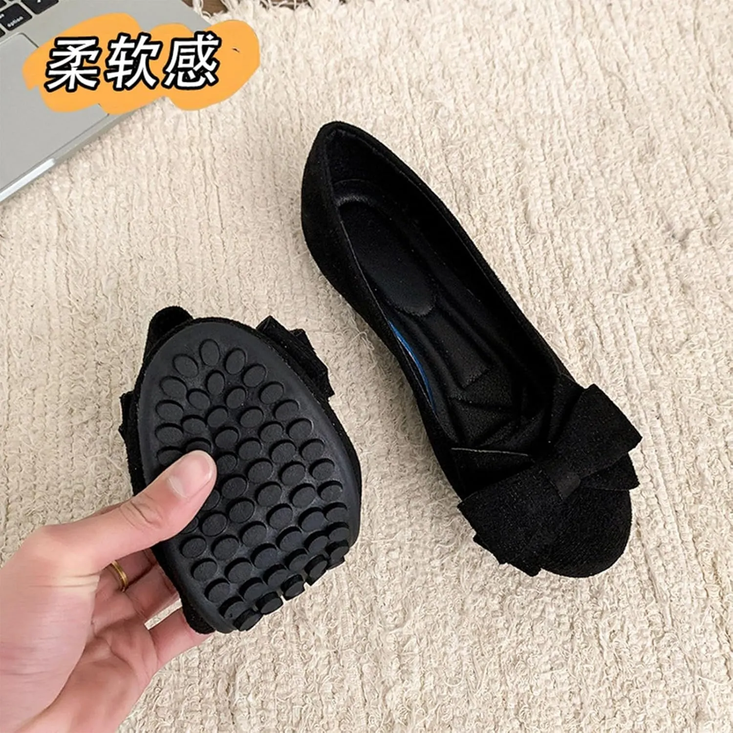 Womens Suede Ballet Flats Fashion Bowknot Flat Ballerine Shoes Classic Round Toe Comfort Slip-On Dress Ladies Shoes