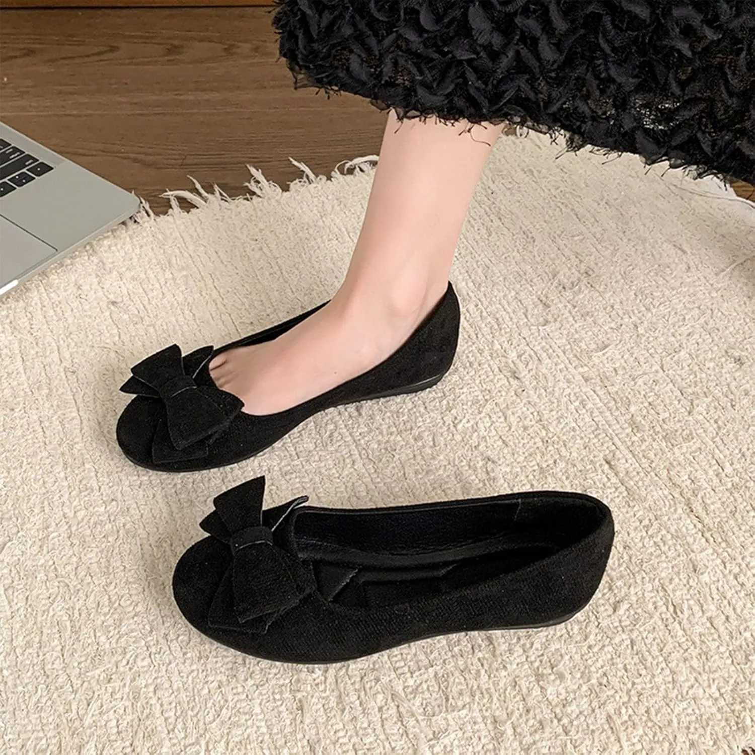 Womens Suede Ballet Flats Fashion Bowknot Flat Ballerine Shoes Classic Round Toe Comfort Slip-On Dress Ladies Shoes