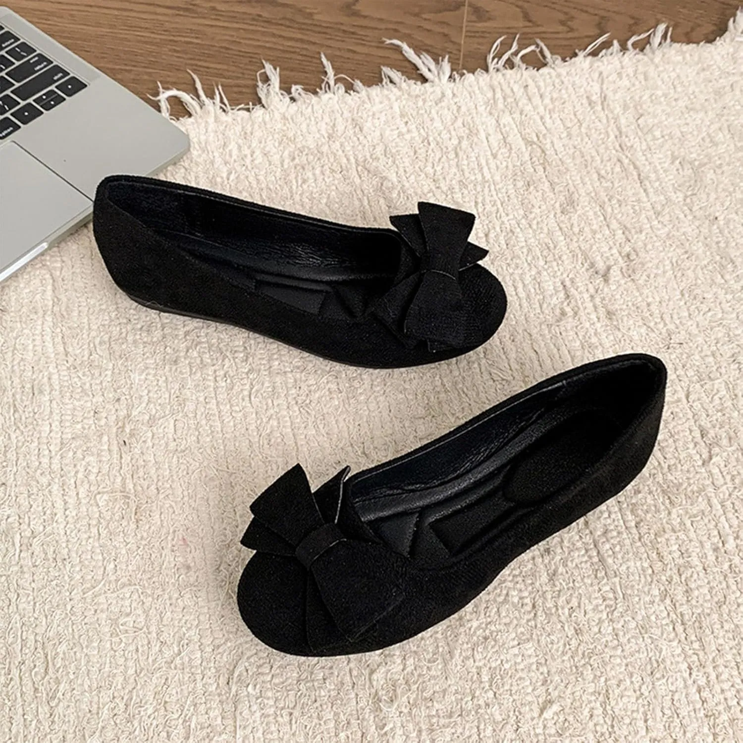 Womens Suede Ballet Flats Fashion Bowknot Flat Ballerine Shoes Classic Round Toe Comfort Slip-On Dress Ladies Shoes