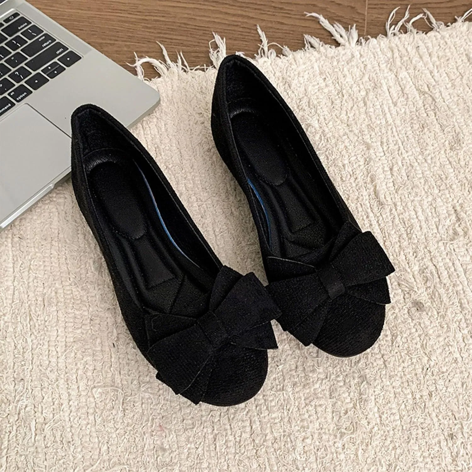Womens Suede Ballet Flats Fashion Bowknot Flat Ballerine Shoes Classic Round Toe Comfort Slip-On Dress Ladies Shoes