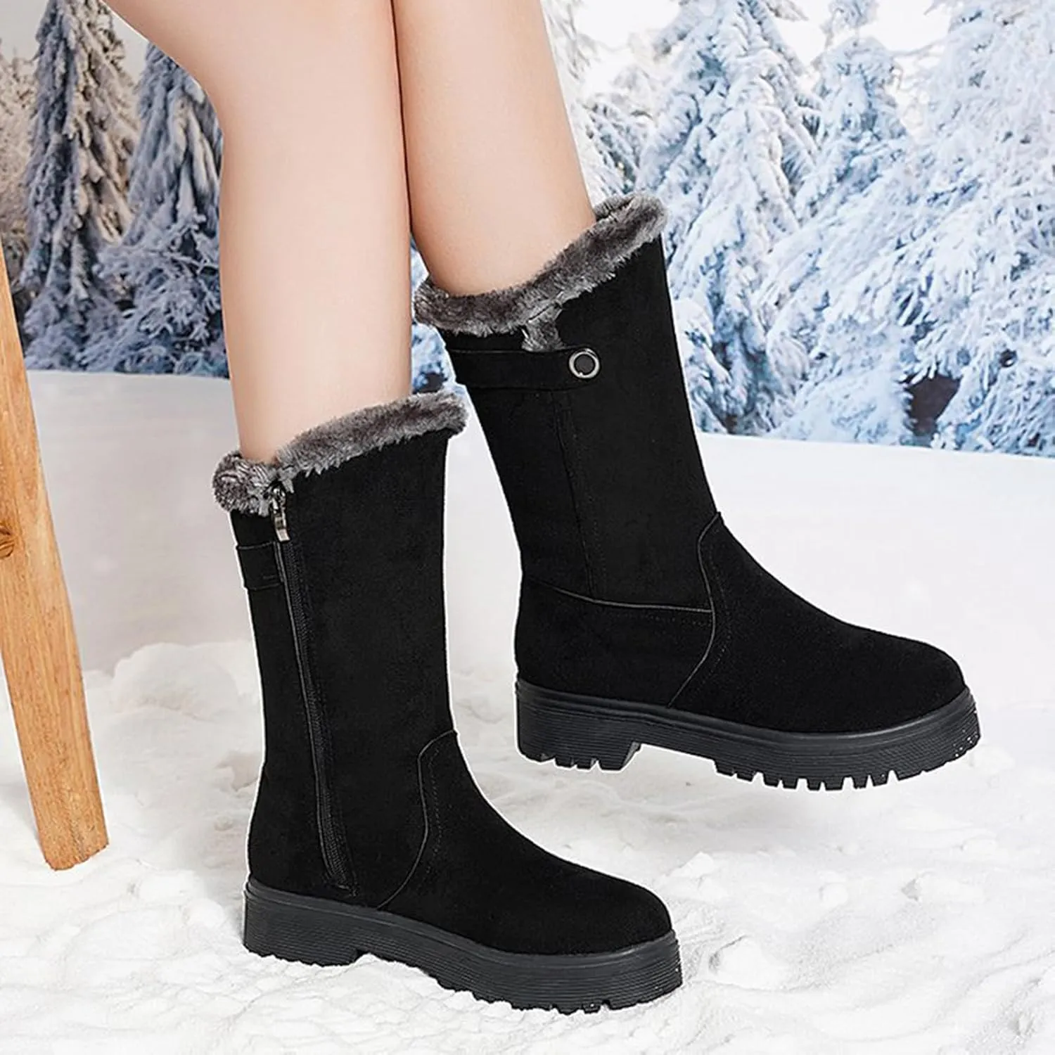 Women's Suede Mid Calf Boots Fleece Lined Warm Snow Boots Non Slip Thick Bottom Winter Boots Cute Fall Boots