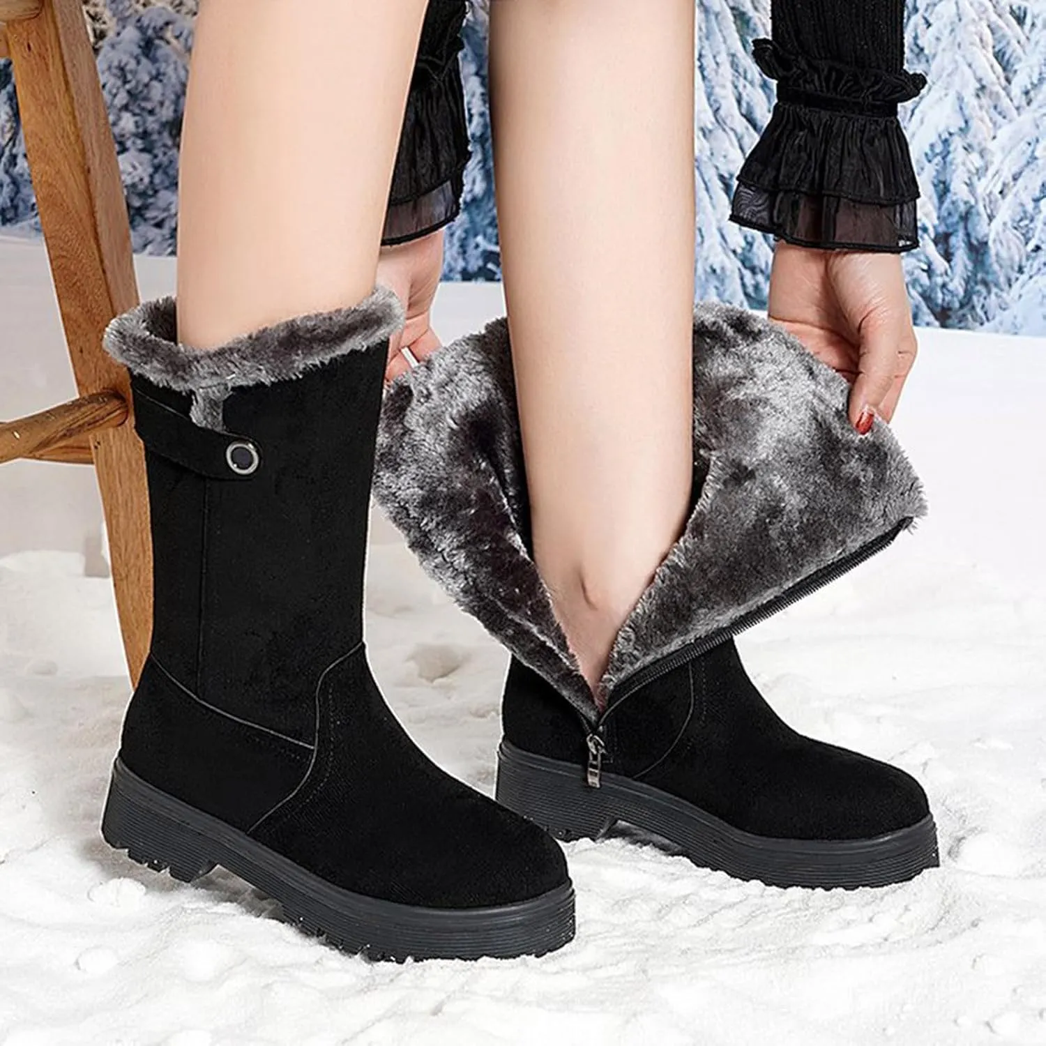 Women's Suede Mid Calf Boots Fleece Lined Warm Snow Boots Non Slip Thick Bottom Winter Boots Cute Fall Boots