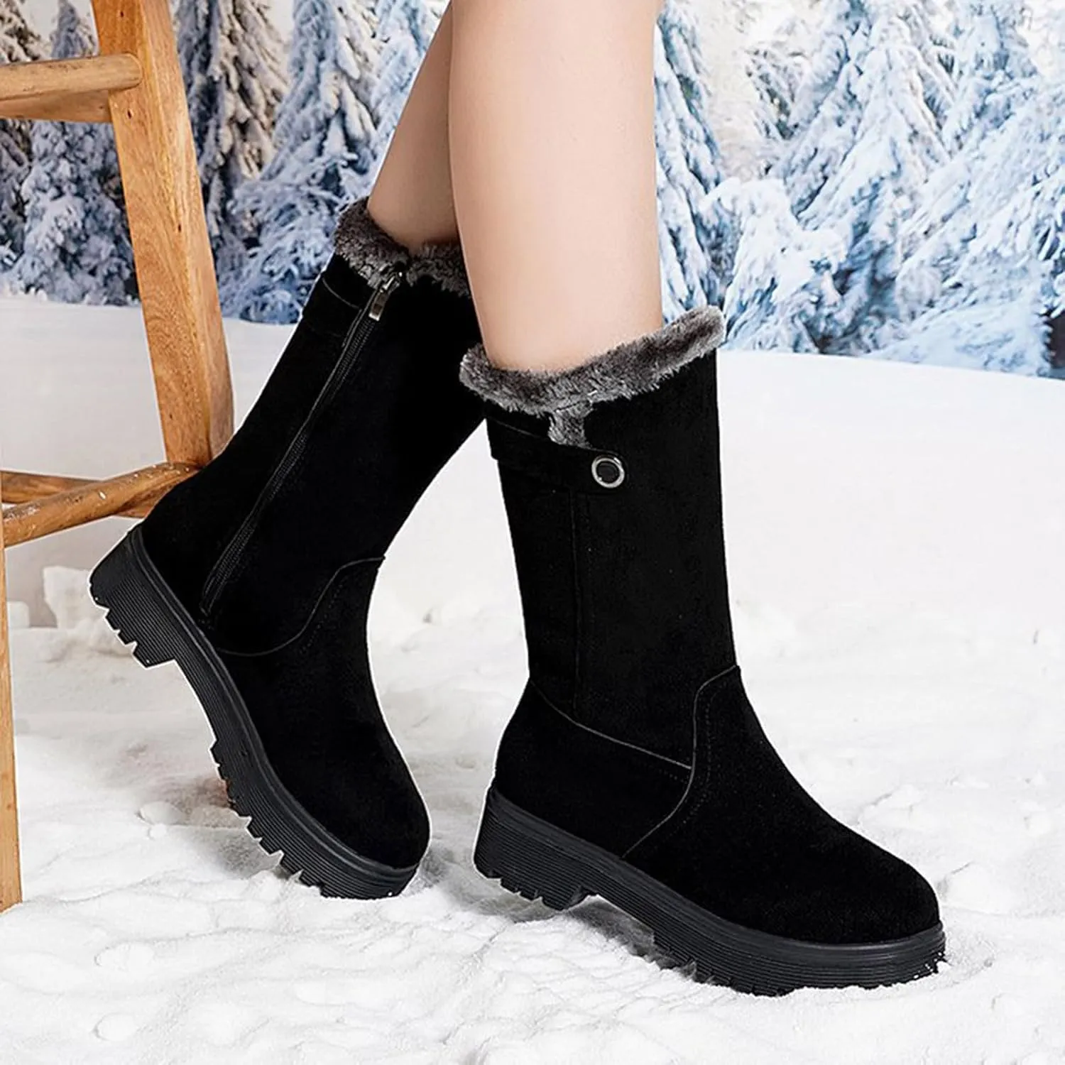 Women's Suede Mid Calf Boots Fleece Lined Warm Snow Boots Non Slip Thick Bottom Winter Boots Cute Fall Boots