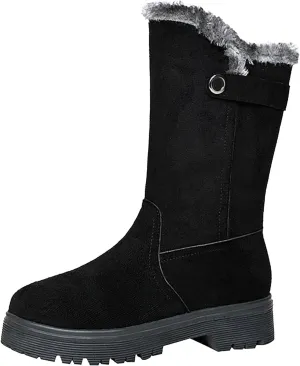 Women's Suede Mid Calf Boots Fleece Lined Warm Snow Boots Non Slip Thick Bottom Winter Boots Cute Fall Boots